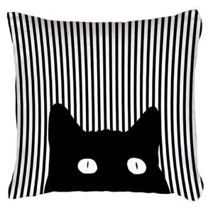 Cat Theme Pillow Cover Zippered Decorative Square Black White 17.7 in X 17.7 in